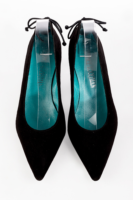 Matt black women's dress pumps, with a round neckline. Pointed toe. Medium slim heel. Top view - Florence KOOIJMAN